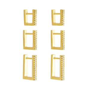 Trio Dourado de Argolinhas Quadradas Cravejadas de Zircônias